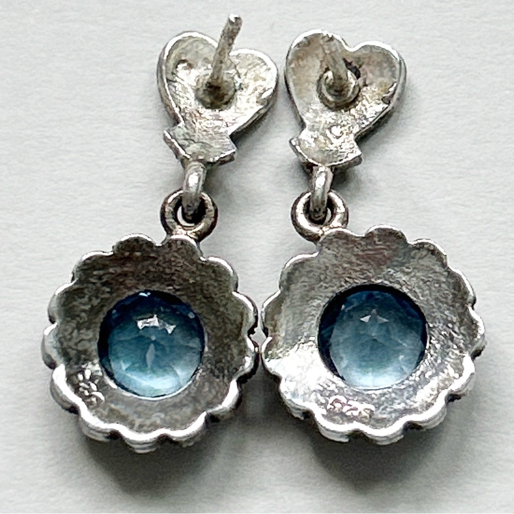 Vintage Blue Topaz Marcasite Dangling Flower Signed Sterling Silver Earrings - Picture 11 of 12